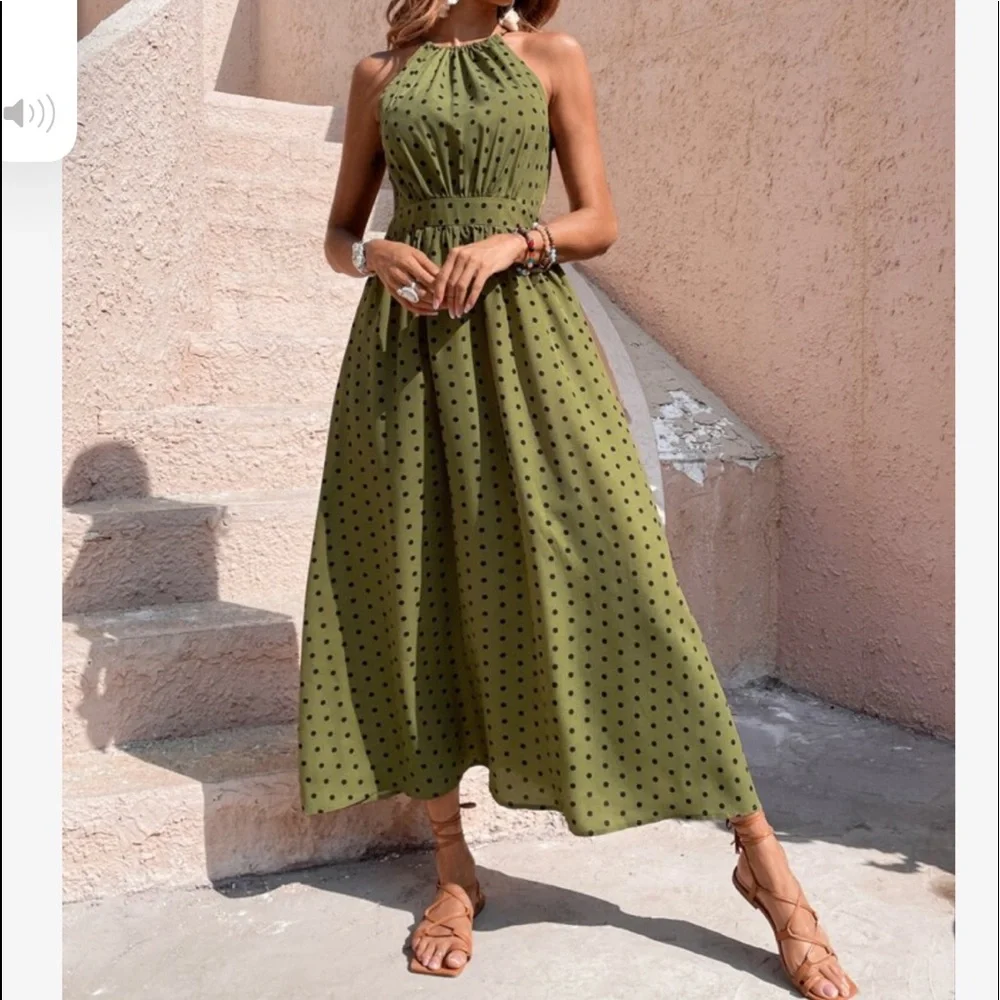 Boho Polka Dot Halter Maxi Dress Brown - Picture 6 of 13